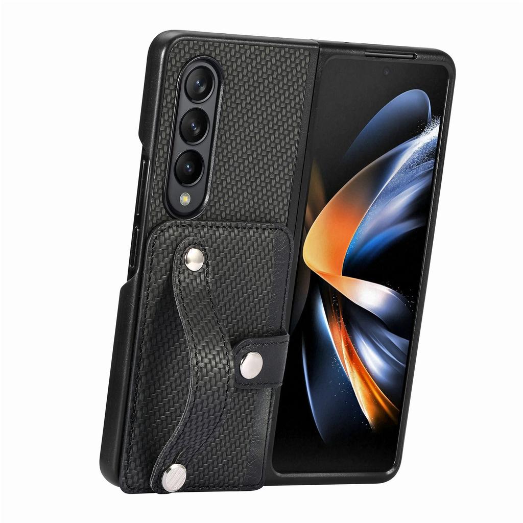 Card Slot Phone Cover for Samsung Galaxy Z Fold5 5G,PU Leather+PC Wristband Kickstand Cell Phone Case