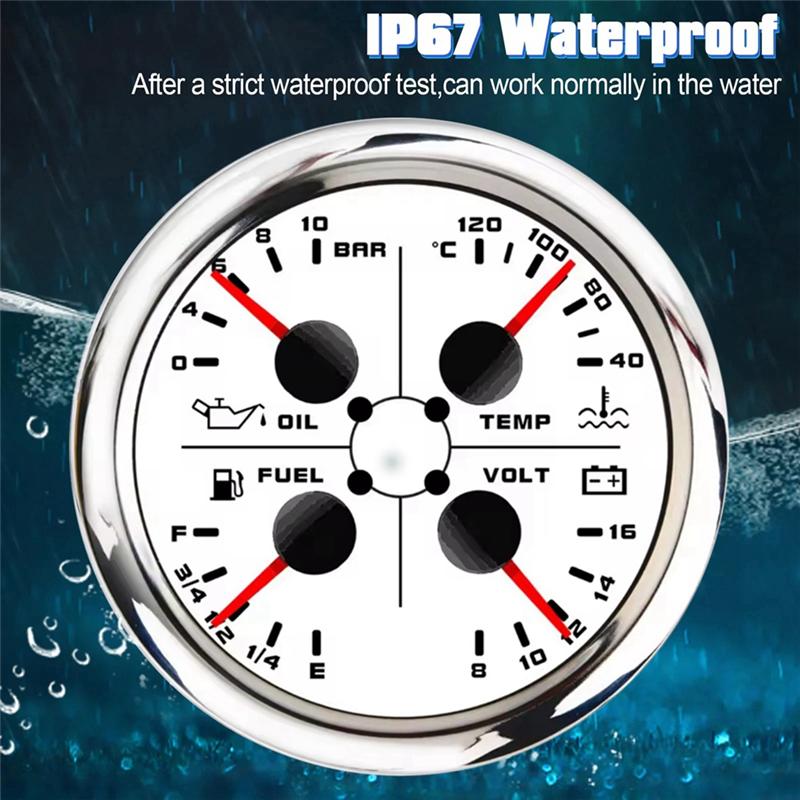 NEW-85Mm 4-In-1 Multifunction Gauge With 0-190Ohms/240-33Ohms Fuel Level Gauge Water Temp Oil Press Voltmeter
