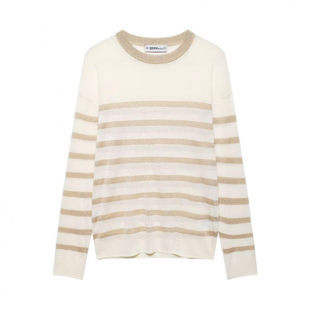 European and American style, new women's clothing, fashionable, versatile, casual metal-colored thread-woven striped knitted sweater