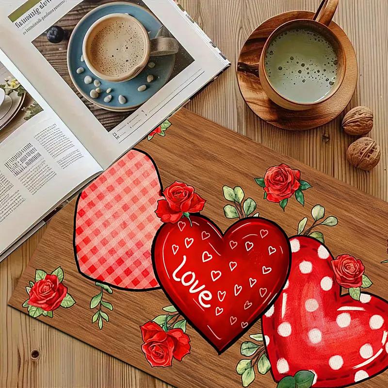 1/2/4/6pcspcs Valentine's Day Placemats Suitable for Party, Elegant Heart & Table Settings, Durable Polyester Square Placemats, Hand Wash Only