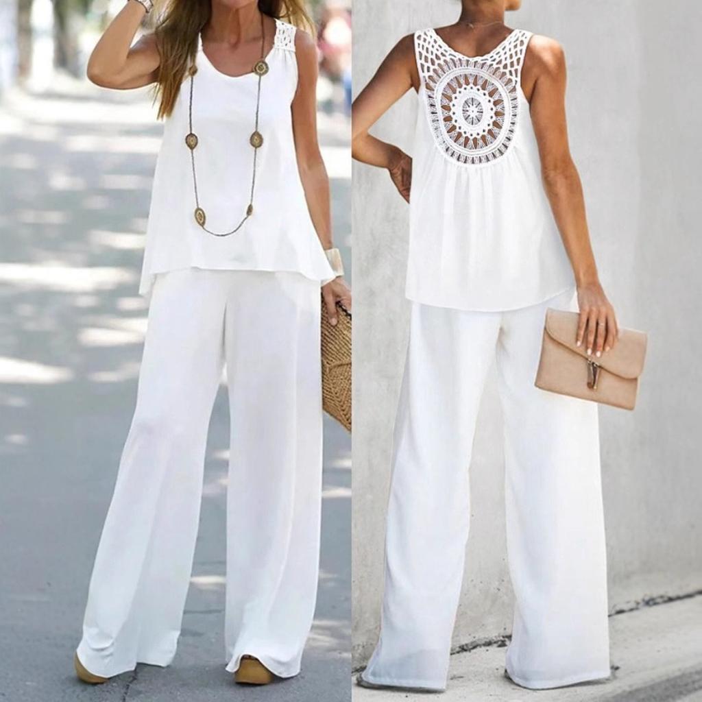 Women's Loose Casual Two-Piece Set Sleeveless Round Neck Tank Top High Waist Wide Leg Pants Outfit