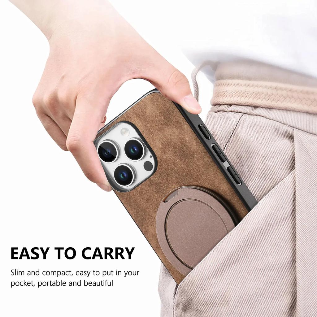 360 Rotating Ring Holder Kickstand Case For iPhone 16 Pro Max 15 Plus 14 13 12 11 SE 2024 Retro Pu Leather Back Magnetic Cover