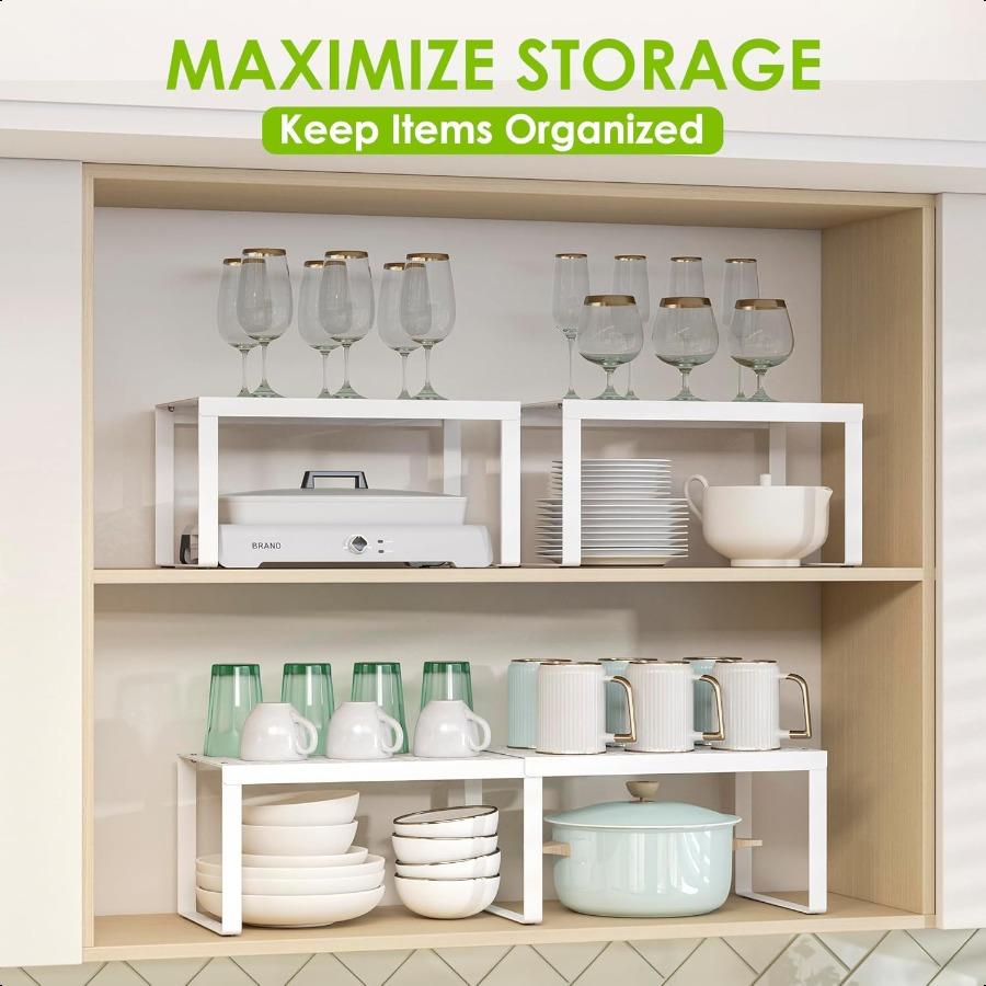 Expandable Cabinet Shelf Organizers Set of 2 Stackable Kitchen Countertop Shelf Storage Spice Rack Mug Organizer for Cabinet Co