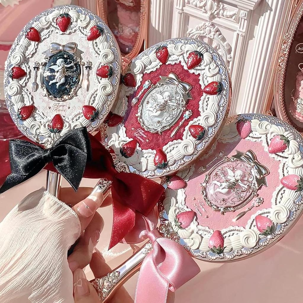 Flower Knows Strawberry Cupid Hand Mirror,Vintage Handheld Mirror,Fancy & Pretty Princess Mirror with Long Handle,Gift for Girls & Women(Milk Pink)
