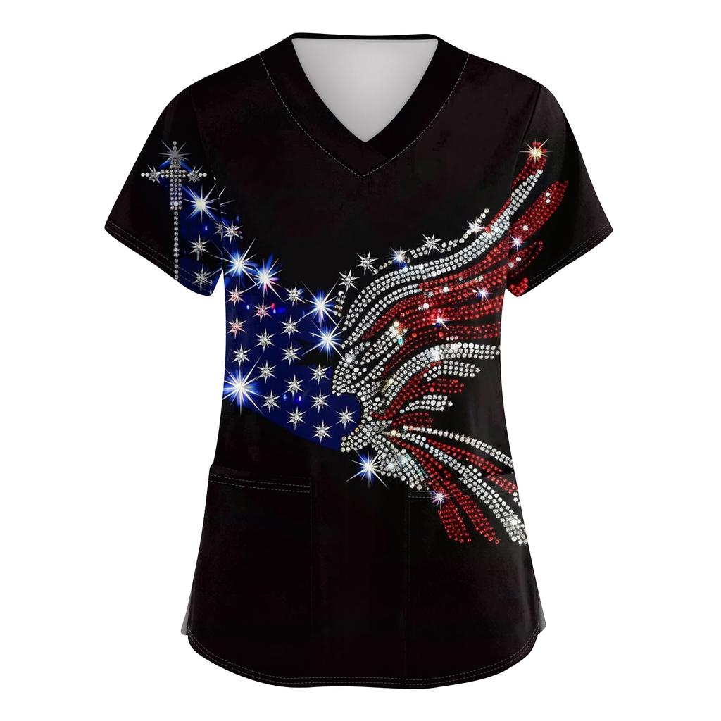Women's V-neck Independence Day Print Short-sleeved Pocket Side-opening Protective Work Shirt