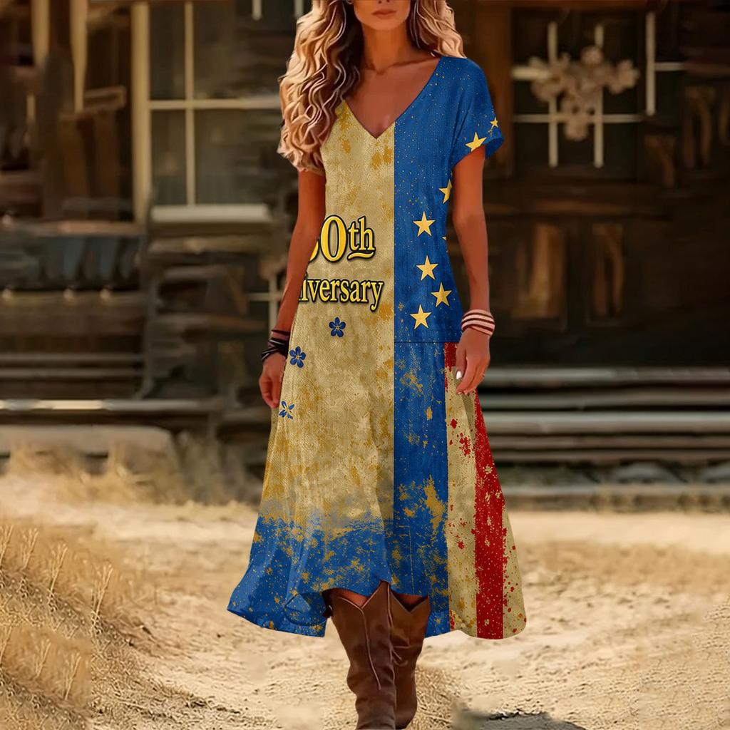 Damen Maxikleid mit V-Ausschnitt und kurzen Ärmeln mit 1776 Amerika-Print, Farbverlauf-Saum und Blumengrafik, Lässig, Lockerer Schnitt