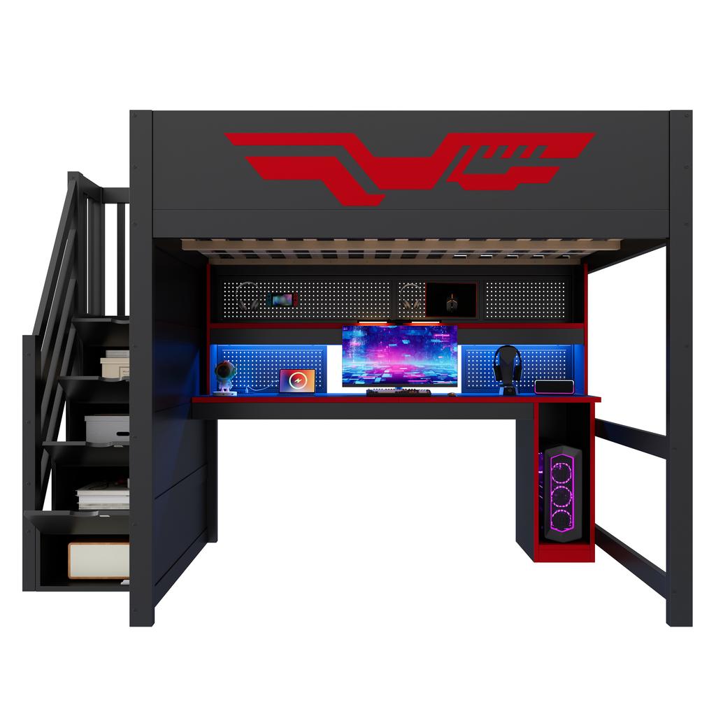 Gaming Loft Bed (140 X 200 Cm) with Desk, Stairs with Storage, LED Lighting and USB Port, Black
