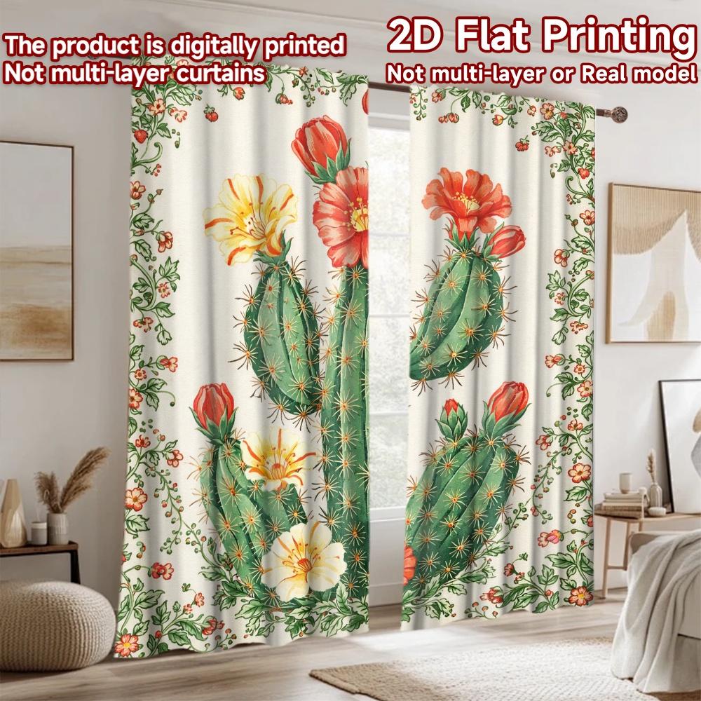 2D Flat Printing 2pcs Curtain Scene Curtains Cactus with Colorful Blooms Digital Printed Polyester Drapes Party Decorations Use