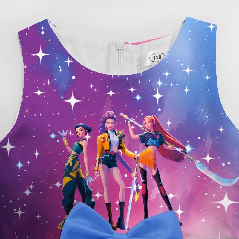 Girls Sleeveless Dress Witch Hunting Girls Group Full Print Galaxy Music Note Skirt with Big Bow Kids Princess Party Birthday Casual Sundress Little