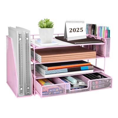 ATOMUS 4-Tier Desk Organizer, File Organizer with 2 Pen Holders, Desk Accessories & Workspace Organizer, Drawer Design, for Office Supplies (Pink)