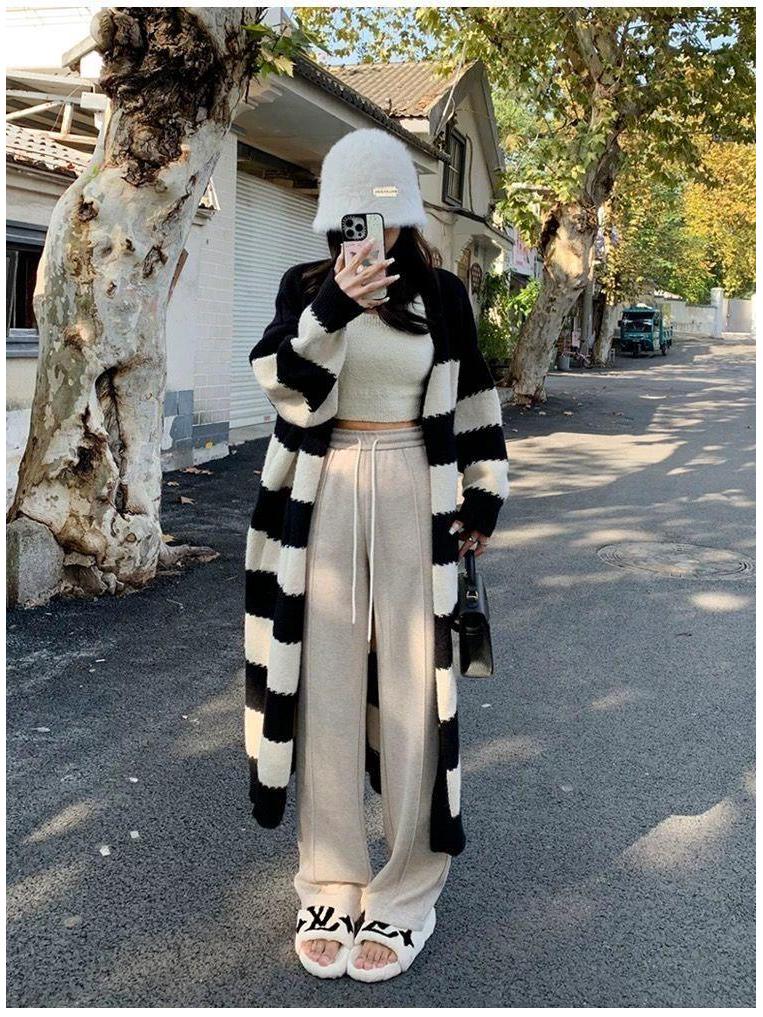 Women's Gray Herringbone Wool Pants, Autumn Winter, Plus Velvet, Narrow Wide-Leg Style, 2025.