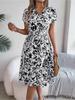 V Neck Printed Button Dress Waist Hugging Elegant Stringy Selvedge Dress for Women Batwing Sleeve Loose Dresses Causal Dress