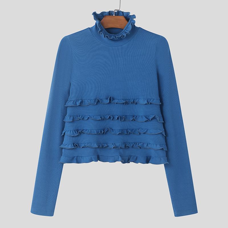 

INCERUN Мужские топы с высоким воротом и длинным рукавом, облегающие, с оборками, короткие, майки 5XL синий