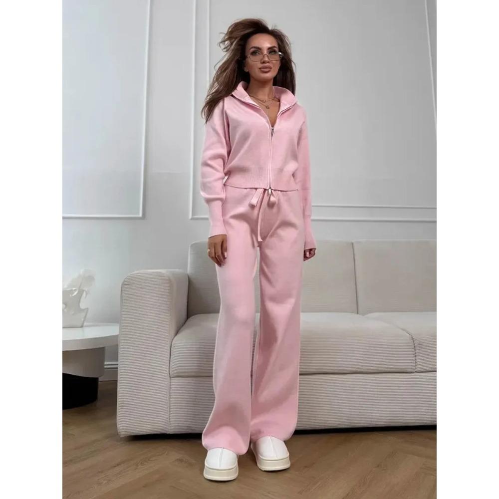 Autumn Winter Zip Up Knit Pants Set Women's Trendy Slim Fit Cardigan Pants Chic Commuting Sweater Outfit