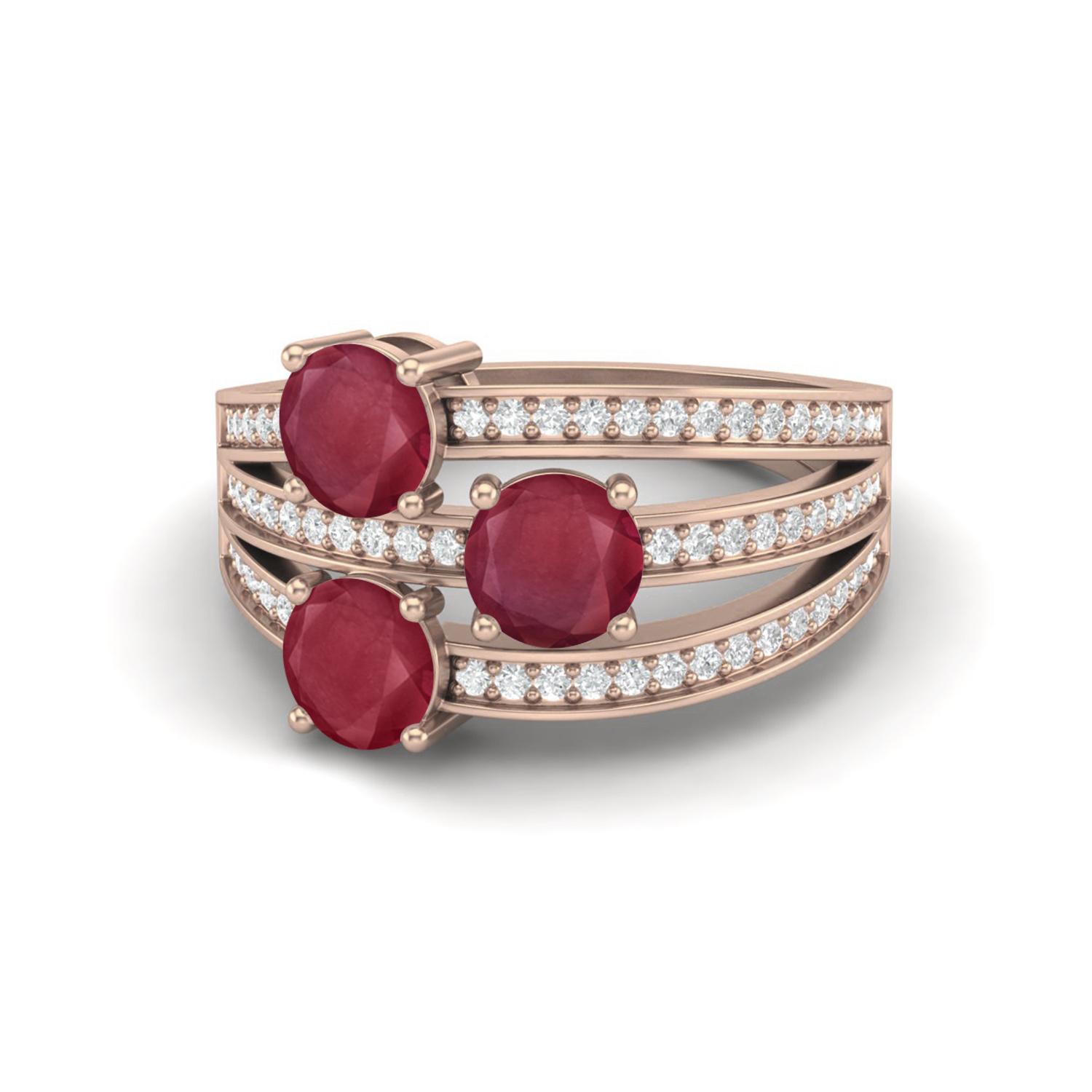 2.52 Carat Round Shape Ruby 925 Sterling Silver Rose Vermeil Three Stone Engagement Solitaire Ring 7
