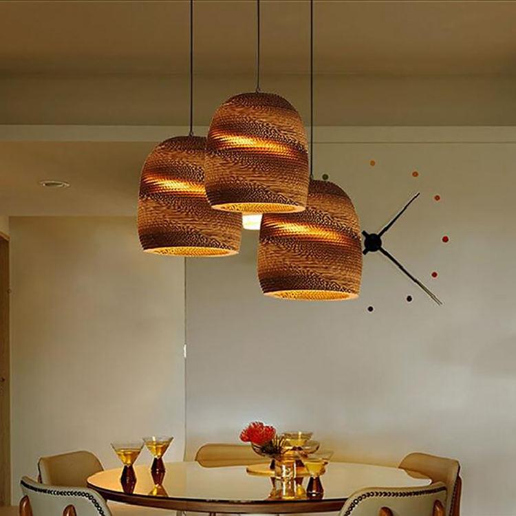 Vintage Nordic Corrugated Paper Round Shade Cord E27 Hanging Lamp Indoor Decoration Brown Pendant Light Fixture Restaurant