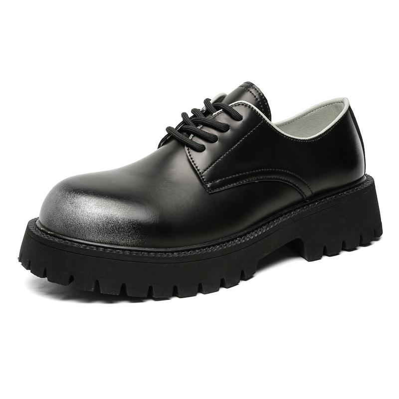 Leather shoes men's autumn and winter young people's casual British style heightened Derby shoes thick-soled black low-top 66501-J [