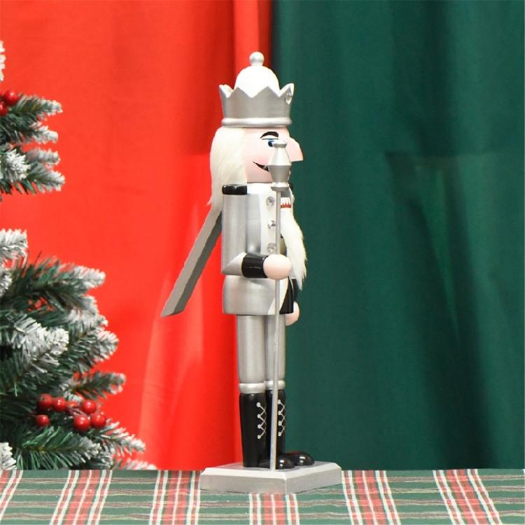 Dekoracyjne Drewniane Srebrne Dziadki do Orzechów 36cm Ręcznie Malowana Postać Króla Zabawka Świąteczne Dekoracje Stołu Dekoracje Świąteczne