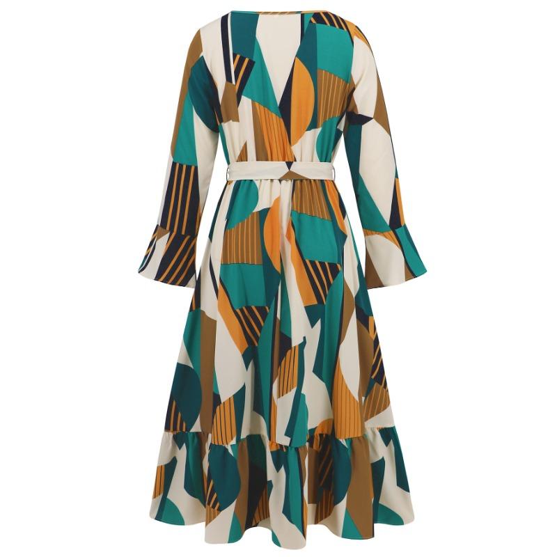 Autumn Long Sleeve Geometric Color Contrast Round Neck Dress Temperament Fashion Belt Long Sleeve Dress