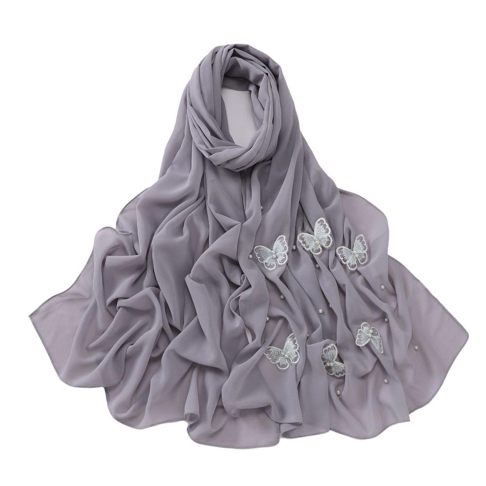 

Жемчужный шелковый платок на голову, шифоновый шарф с бисерной бабочкой, милый атласный хиджаб, лето серый