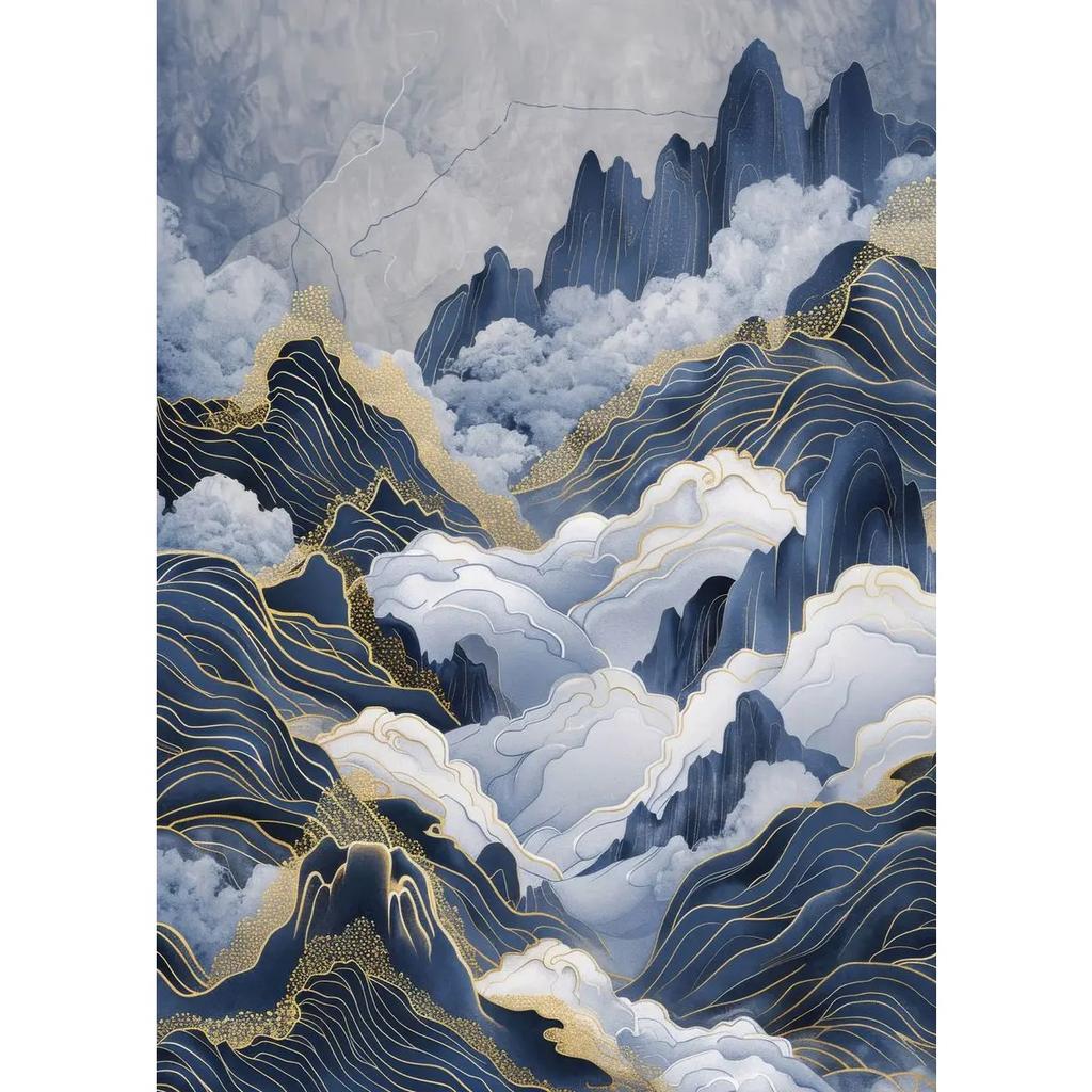 Landscape Blue Mountain Tree Forest Pine Temple River Gold Sun Poster Canvas Painting Print Wall Art for Living Room Home Decor