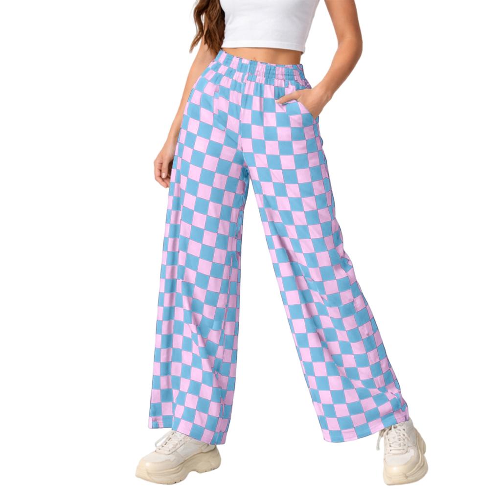 Women's Casual Wide Leg Checkered Pants, High-Waist Elastic Waist, Loose Comfy Trousers With Side Pockets