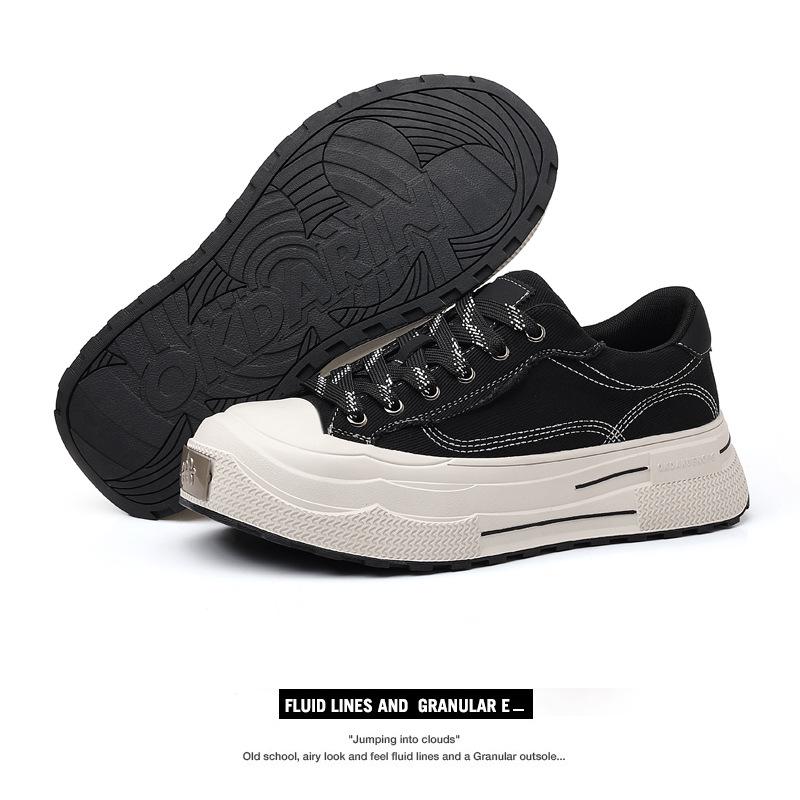 Trendy 2025 Spring/Autumn Retro Black Thick-Soled Breathable Canvas Shoes