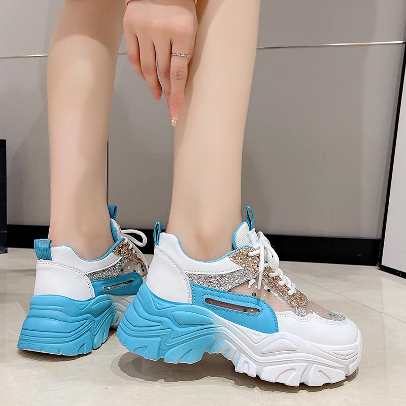 Fashion Shoes for Women Platform Shoes Autumn Women Casual Breathable Mesh Sequin Sneakers Wedges Sports Lace-up Non-slip Shoes