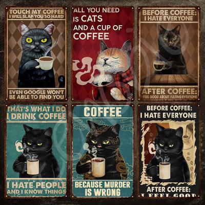 Metal Sign Wall Decor Cat and Coffee Tin Sign with Text That's What I Do I Drink Coffee I Hate People and I Know Things Plaque