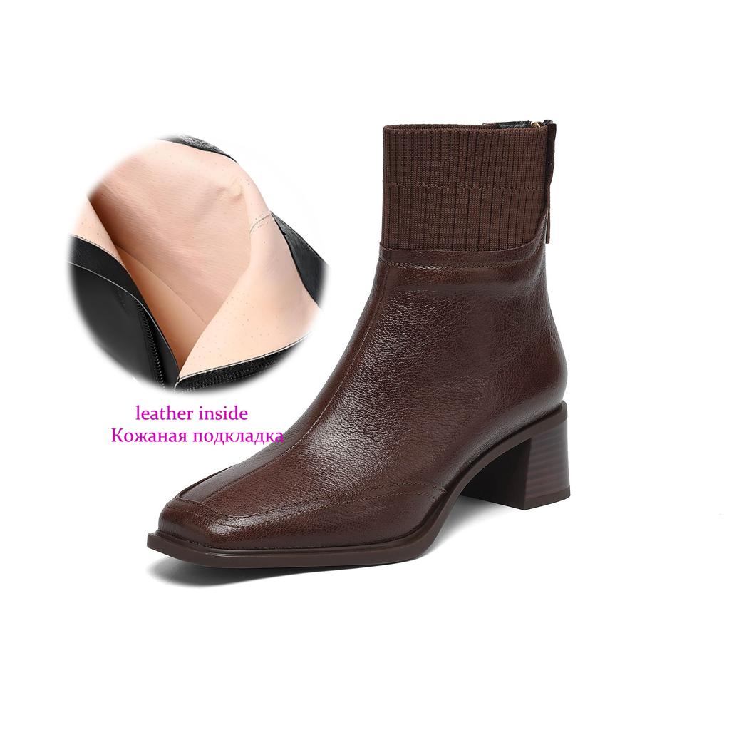 Krazing Pot Sheepskin Autumn Winter Shoes Thick Heels Size 42 Square Toe Zipper Knitwear Vintage Ankle Boots