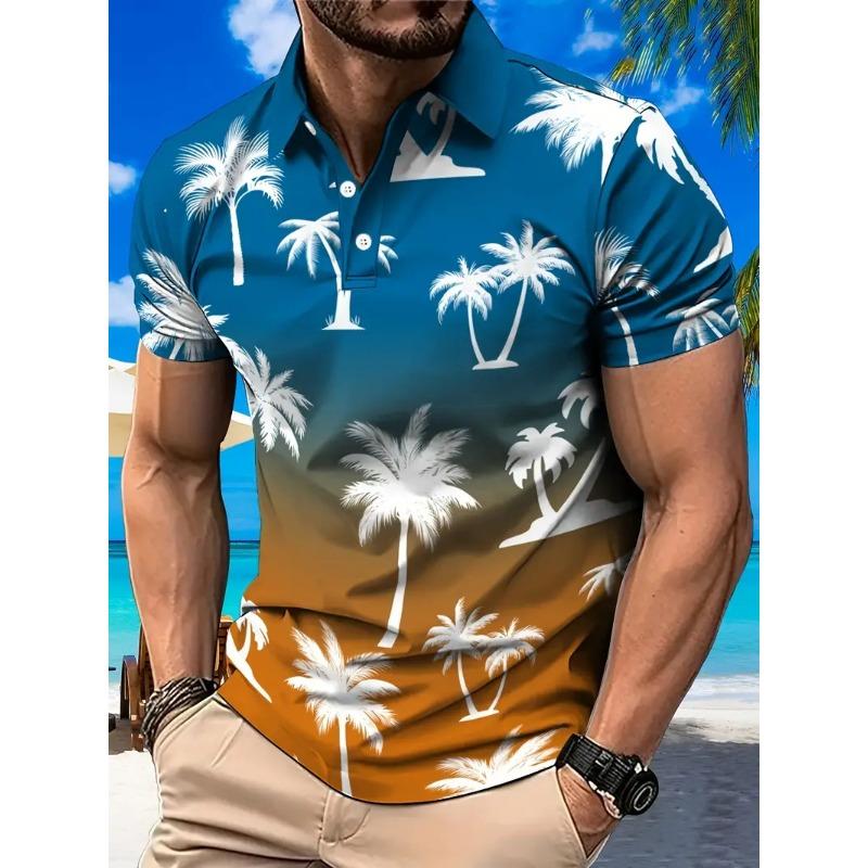 New Men's 3D Printed Versatile Coconut Tree Pattern Short Sleeved Button Polo Shirt