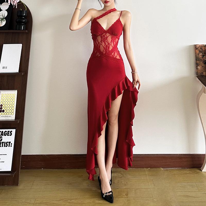 Ladies Spice Street Irregular Design Lace Patchwork See-through Backless Dress