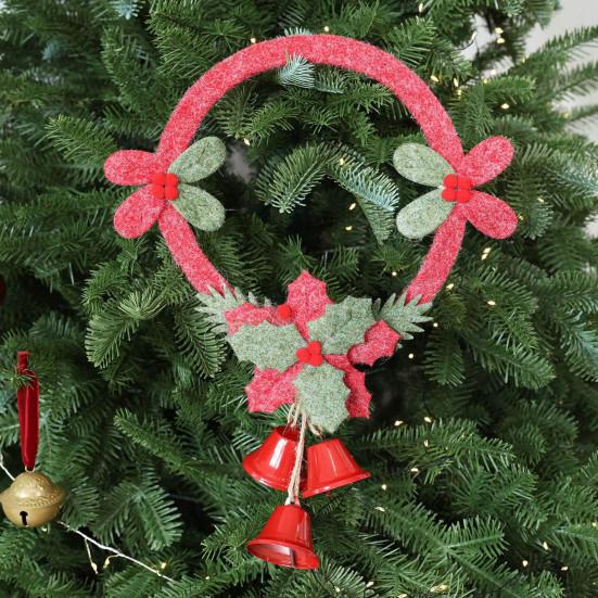 Christmas Window Decoration Non-woven Fabric Bell Wreath, Holly Berry Wreath with Mini Xmas Tree Bells, Hanging for Front Door Wall