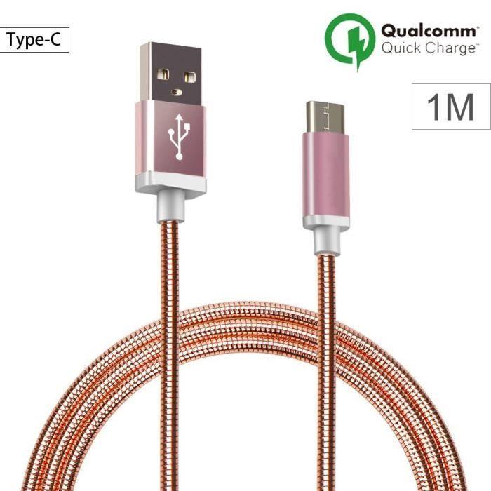 Câble USB Type C - Métal Rose - 1M - Compatible avec plusieurs smartphones - Connecteur USB Type C