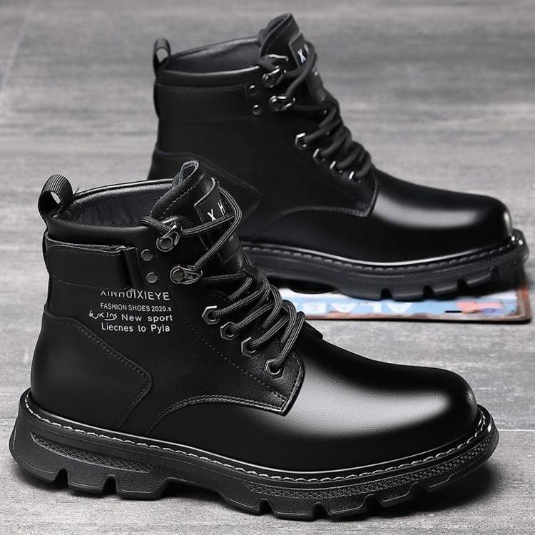 Winter Boots British Style High Top Waterproof Leather Boots Mid Top with Plush Insulation Cotton Shoes Men's Short Boots Snow Boots