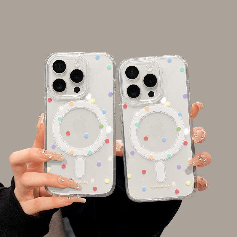 Magnetic iPhone 15 Pro Max Case - Cartoon Design with 16 Colorful Polka Dots