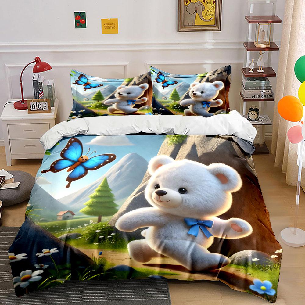 Cute Teddy Bear Adventure Set Exquisite Three-Piece Bedding Set Gift For Kids And Adults