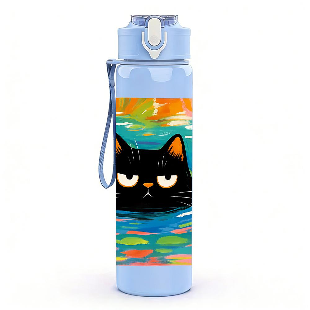 1PC Color Block Black Cat Canvas 750ml Color Plastic Sports Water Bottle Leakproof Flip Straw Lid Suitable for Sports Office Home Use