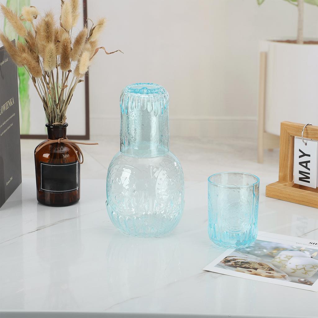 Jug and Glass Set Bedside Water Carafe Crystal Bottle Retro with Relief for Juice