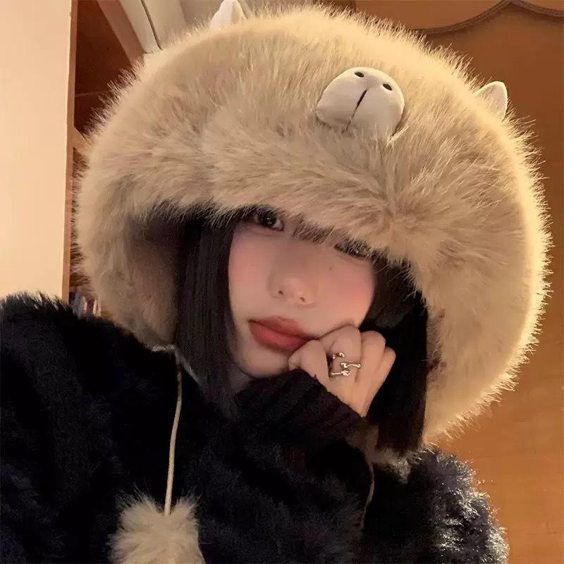 

Плюшевая шапка, милая зимой, утолщенная теплая и холодная, шапка с защитой ушей показывает маленькое лицо хаки