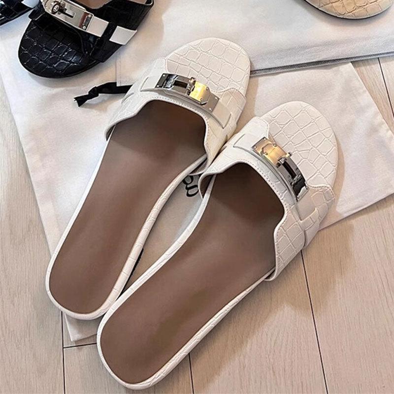 

Soft leather version~ One-word slippers women s 2025 new summer wear small gold buckle sandals soft bottom beach slippers 40 абрикосовый