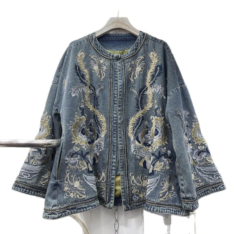 2026 Womens Denim Jacket Color Block Splicing Embroidered Streetwear Single-Breasted Long Sleeve Coat