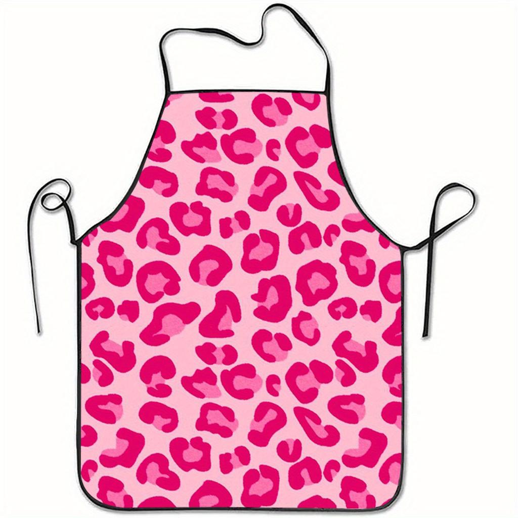 1 piece bright pink leopard print sleeveless polyester apron, - perfect for kitchen, baking and Valentine's Day crafting