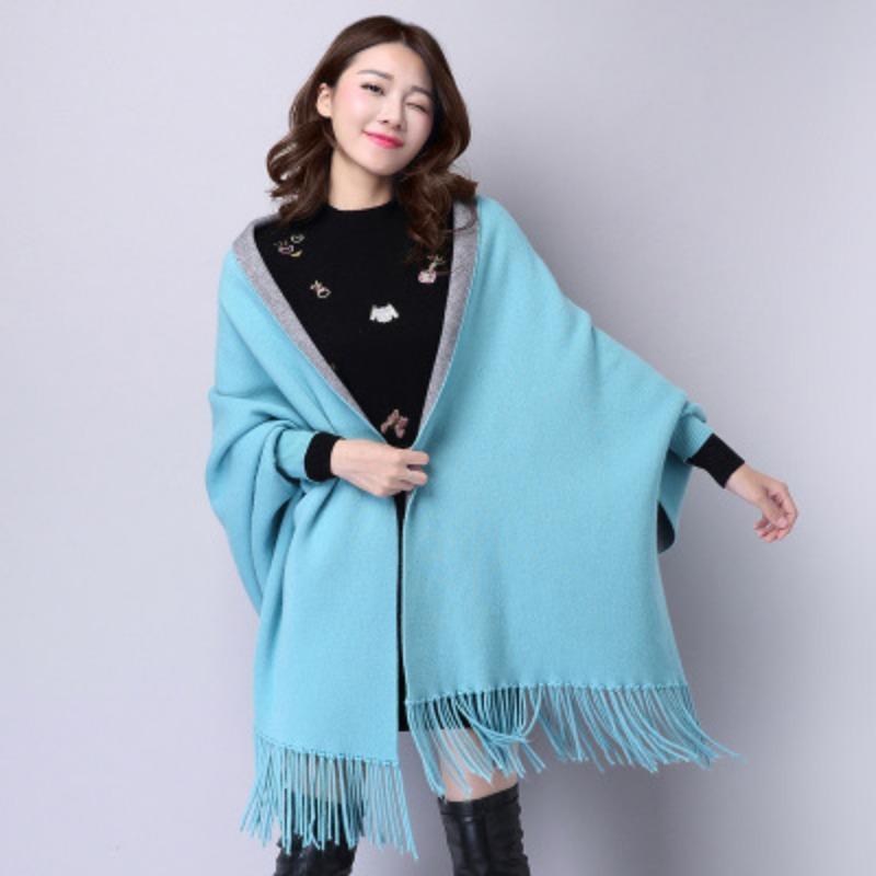 Women'S Double-Sided Shawl, Scarf, Dual-Purpose Fringed Thickened Long-Sleeved Cashmere-Blend Cape Jacket