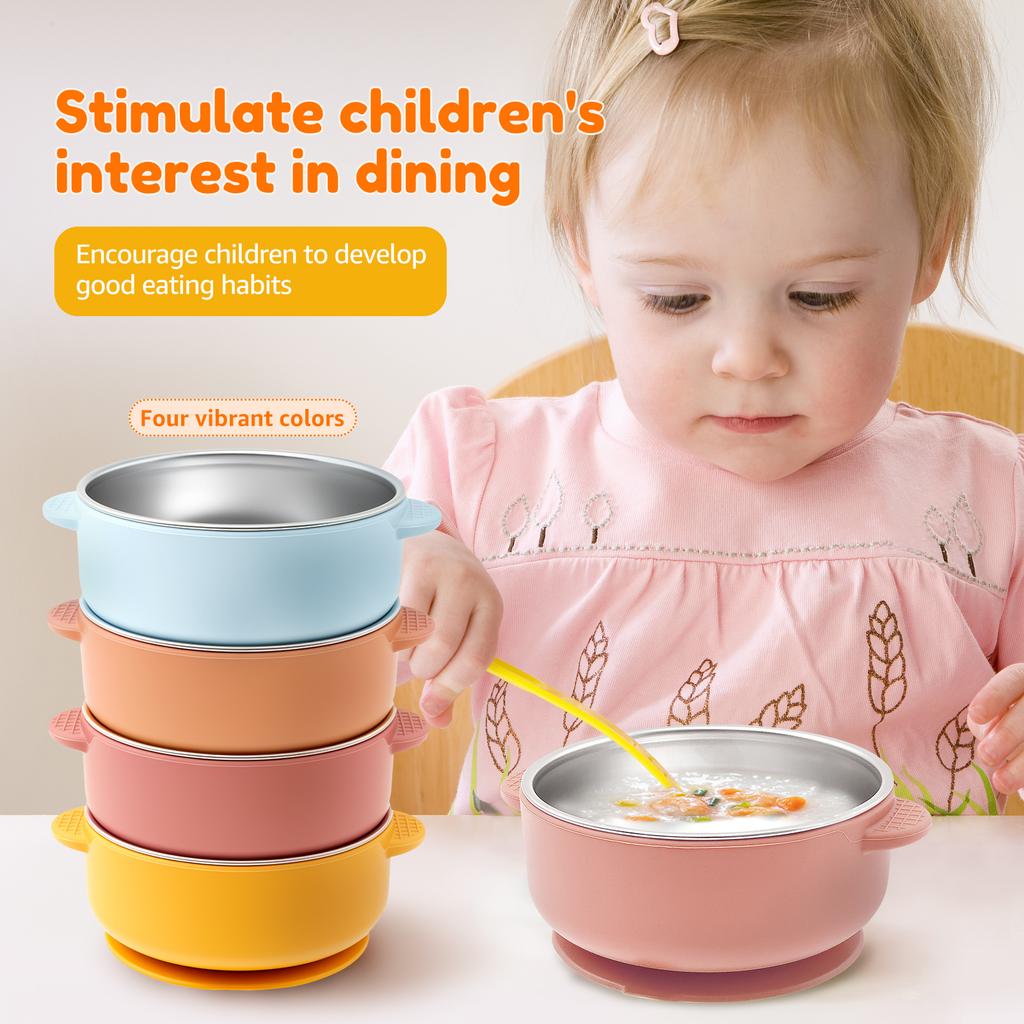 4Pcs 304 Stainless Steel Baby Bowls with Removable Silicone Sleeve Non Slip Toddler Suction Bowls Snack Containers for Toddlers