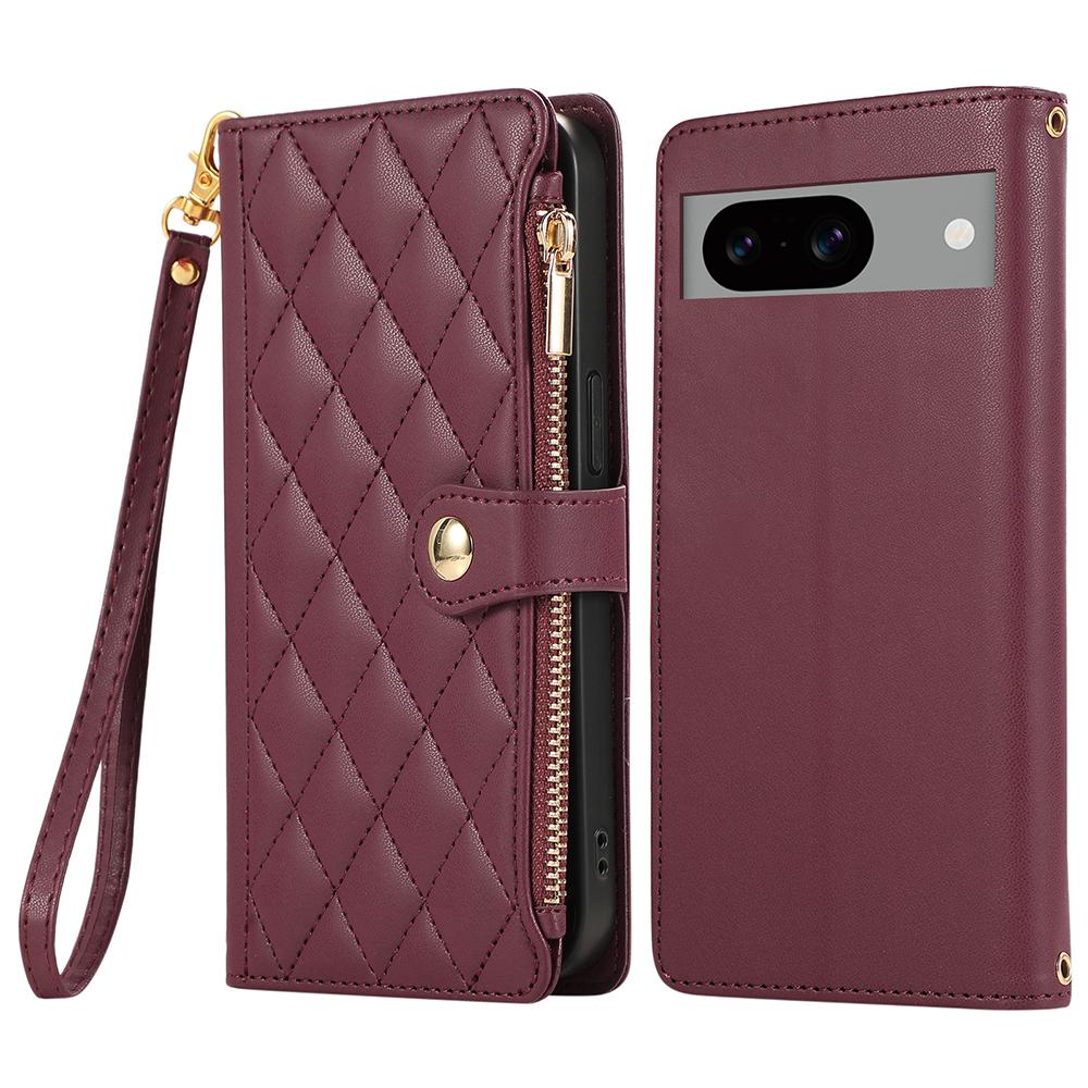 For Google Pixel 8a Case Multi Card Slots Zipper Rhombus Leather Phone Cover with Wrist Strap