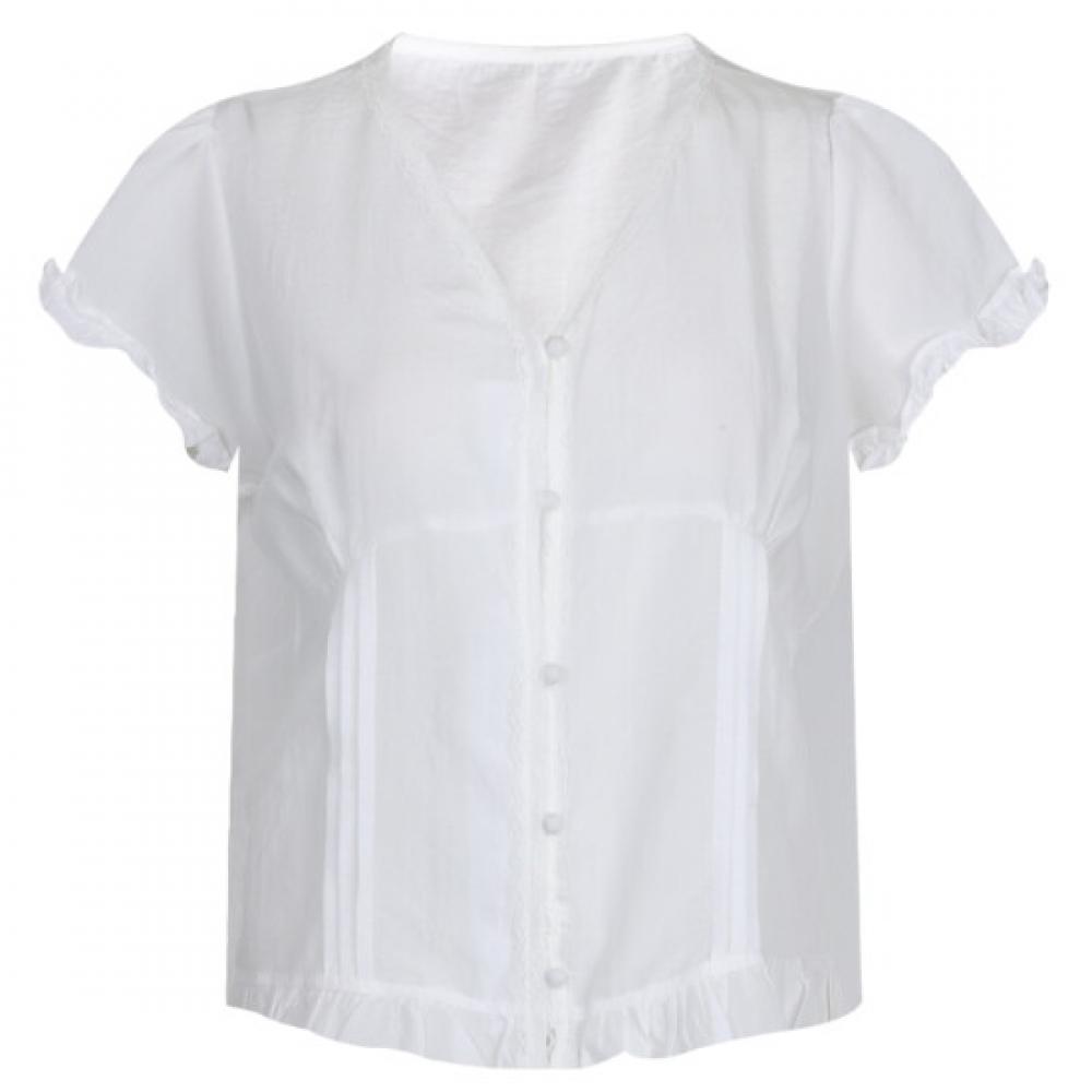 Shop Women V Neck Frill Lace Sheer Short sleeVe Summer Blouse iVory Fwb Wbl 21