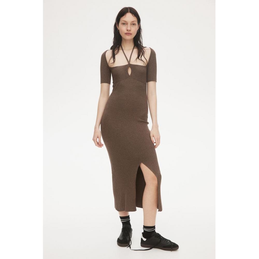 

H M Tie Detail Ribbed Knit Dress Dark Brown Melange