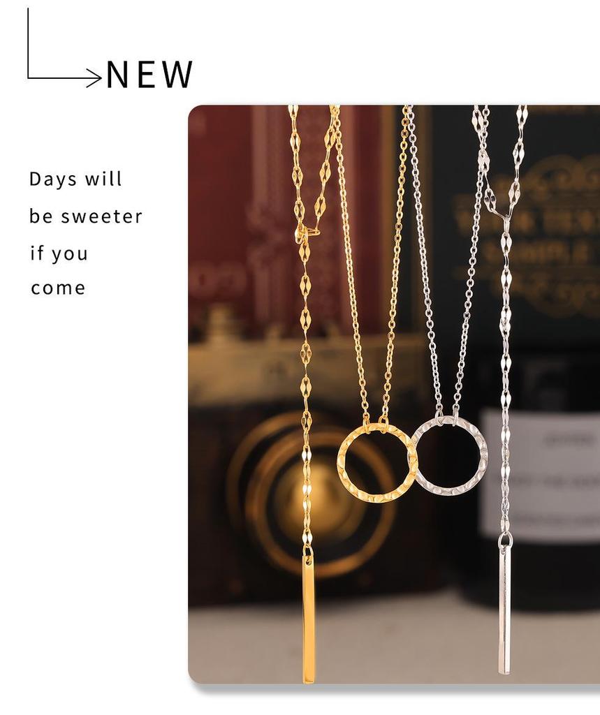 Korean Geometric Circle Pendant Y-Tassel Choker, Layerable Cool Style, Gold-Plated Titanium Steel Necklace