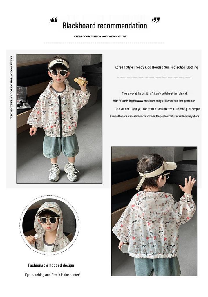 Toddler & Young Boys' 2026 Summer Sun Protection Hooded Jacket - Cartoon Puppy Print, Breathable & Light